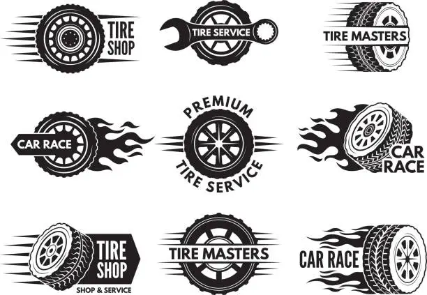 Vector illustration of Race logos with pictures of different cars wheels
