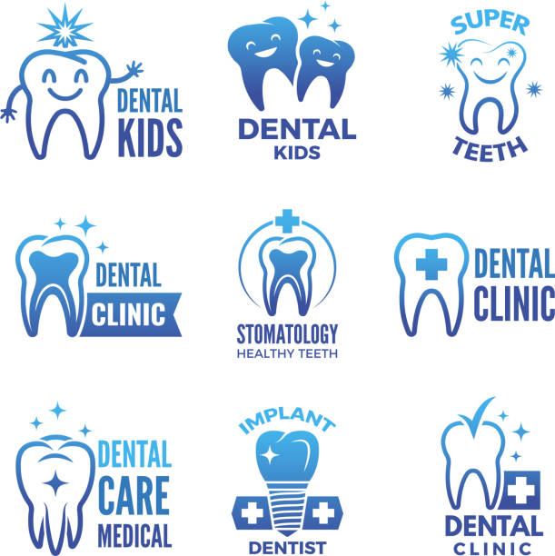 Labels and logos set of dental theme and illustrations of healthy teeth Labels and logos set of dental theme and illustrations of healthy teeth. Dentistry logo, stomatology and healthcare emblem vector dentist logos stock illustrations