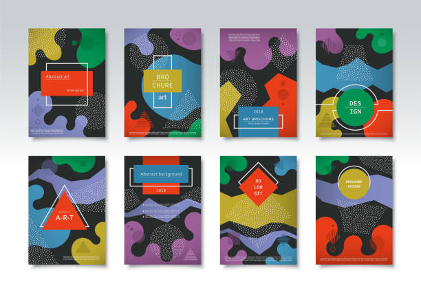 Set of brochure templates, covers in minimal retro hipster geometric style Set of brochure templates, covers in minimal retro hipster geometric style. Can be used for booklet, brochure, poster, banner, placard, cover design. A4 size animal imitation stock illustrations