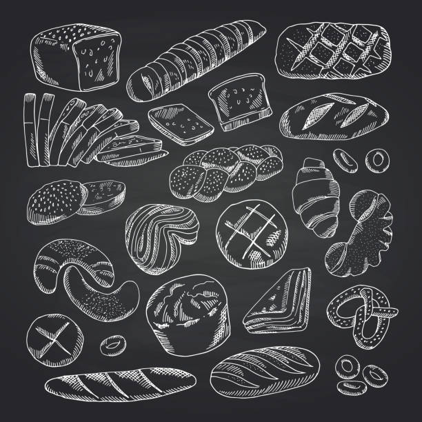 illustrations, cliparts, dessins animés et icônes de main de vecteur repris des éléments de la boulangerie profilée sur tableau noir - baking food bread bakery