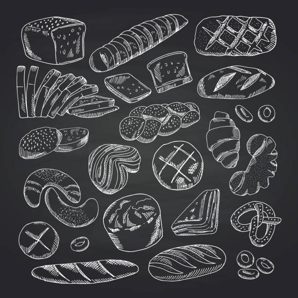 ilustrações de stock, clip art, desenhos animados e ícones de vector hand drawn contoured bakery elements on black chalkboard - pão ilustrações