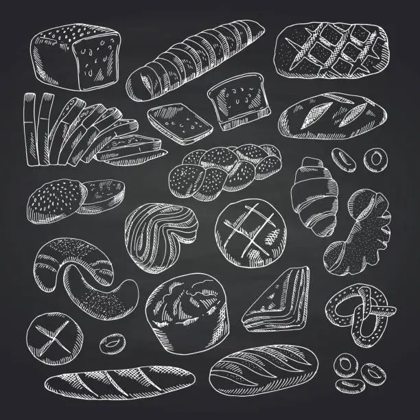Vector illustration of Vector hand drawn contoured bakery elements on black chalkboard