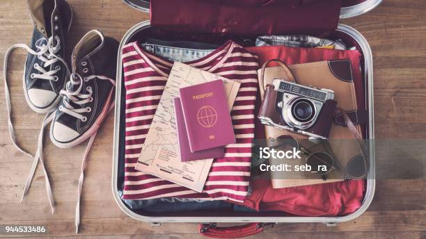 Travel Suitcase Preparing Concept Stock Photo - Download Image Now - Suitcase, Travel, Preparation