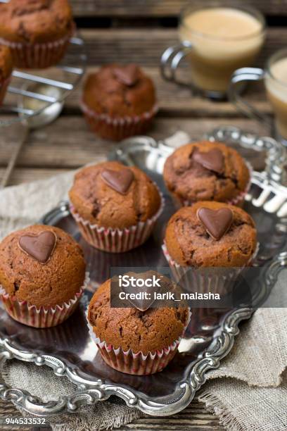 Chocolate Muffins With Chocolate Chips And Chocolate Heart Stock Photo - Download Image Now