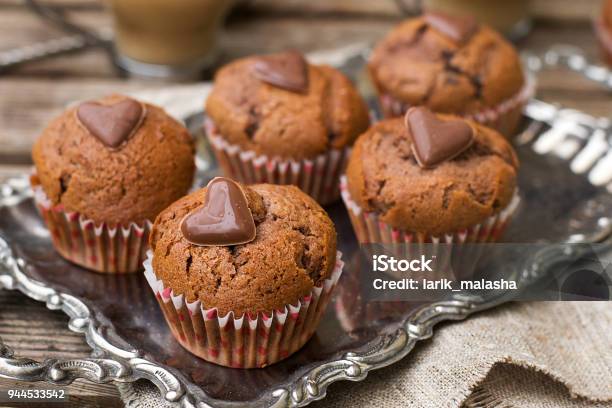 Chocolate Muffins With Chocolate Chips And Chocolate Heart Stock Photo - Download Image Now