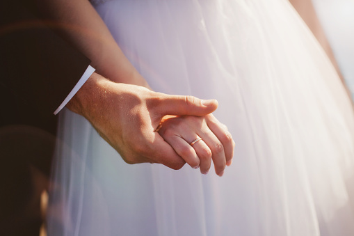 Couple of loving newlyweds holding hands, Wedding Dress