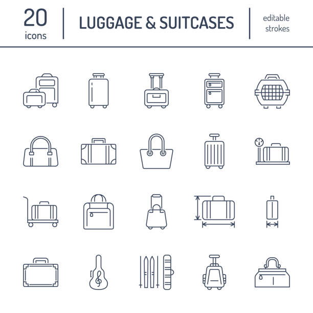 ilustraciones, imágenes clip art, dibujos animados e iconos de stock de iconos de la línea plana del equipaje. equipaje de mano, maletas de hardside, ruedas bolsas, portador del animal doméstico, mochila de viaje. dimensiones de equipaje y peso signos de lineal fino - purse