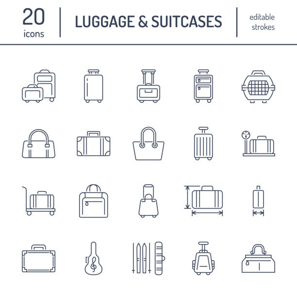 Luggage flat line icons. Carry-on, hardside suitcases, wheeled bags, pet carrier, travel backpack. Baggage dimensions and weight thin linear signs Luggage flat line icons. Carry-on, hardside suitcases, wheeled bags, pet carrier, travel backpack. Baggage dimensions and weight thin linear signs. bag stock illustrations