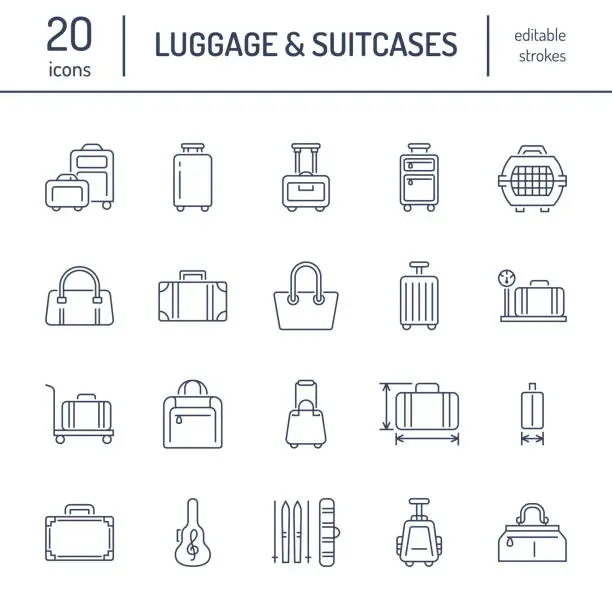 Vector illustration of Luggage flat line icons. Carry-on, hardside suitcases, wheeled bags, pet carrier, travel backpack. Baggage dimensions and weight thin linear signs