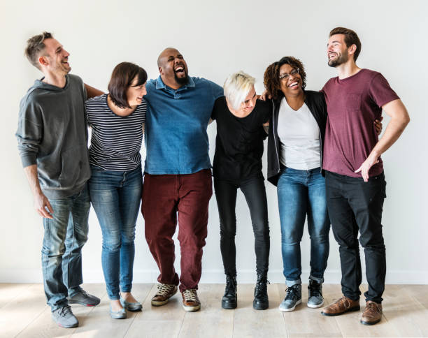 istock Happy diverse friends standing in a row 944535344