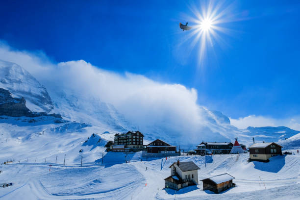 panoramablick vom kleinen scheidegg entfernt, entlang der bahn von interlaken zum jungfraujoch im tageslicht in der schweiz - jungfrau train winter wengen stock-fotos und bilder