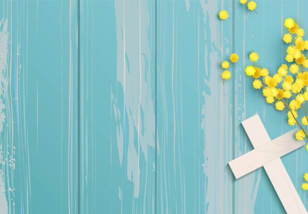 White cross and mimosa banch on rustic wooden background. White cross and mimosa banch on blue rustic wooden background. Vector illustration church-background stock illustrations