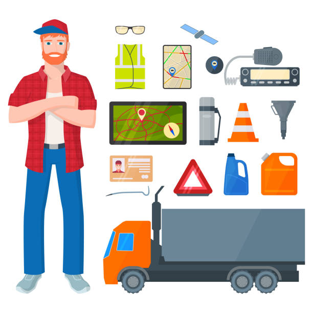 Trucker, man and road attributes and tools. Vector illustration isolated on white background. Trucker, man and road attributes and tools. Vector illustration isolated on white background. truck driver stock illustrations