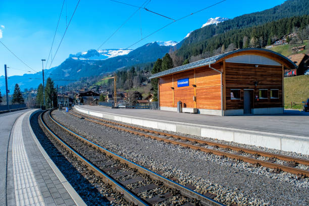view of train from grindelwald train station in jungfrau region, grindelwald, switzerland - interlaken railroad station train rural scene imagens e fotografias de stock