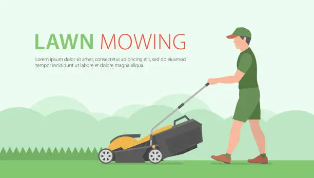 Vector illustration of Man Mowing Lawn