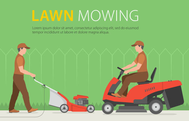 istock Man mowing the lawn with red lawn mower 944546362
