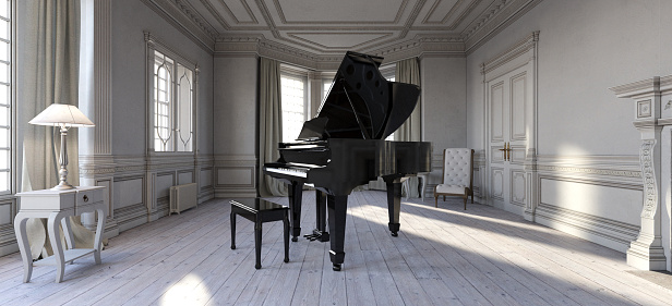 Grand piano in an interior of an 18th Century French Chateau