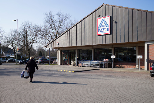 Berlin, Germany, February 14: entrance of the discount store Aldi Nord.