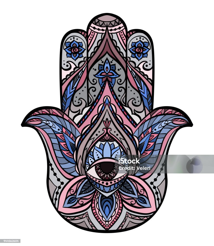 Colored illustration of Hamsa with boho pattern. Buddhas hand. Colored illustration of Hamsa with boho pattern. Buddhas hand. Vector element for your sketch of tattoo, coloring book, T-shirt print and your design. Hand stock vector