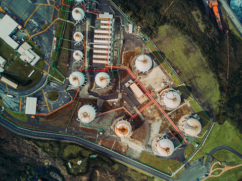 Aerial view of Gas storage tanks