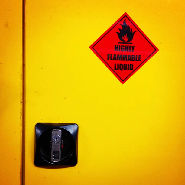 Warning colours of a dangerous liquids cabinet Vibrant yellow warning colours of a dangerous liquids cabinet. Mobile phone photo with some Instagram style processing. flammable cabinet stock pictures, royalty-free photos & images