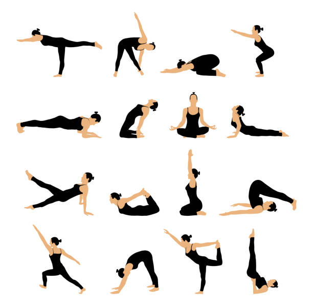 ilustrações de stock, clip art, desenhos animados e ícones de set of woman in various yoga poses stretching. vector illustration. - exercício de relaxamento ilustrações