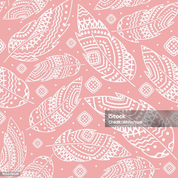 Pink Boho Background With White Feather Seamless Pattern Ethnic Tribal Ornament Detailed Illustration Hand Drawn Stock Illustration - Download Image Now