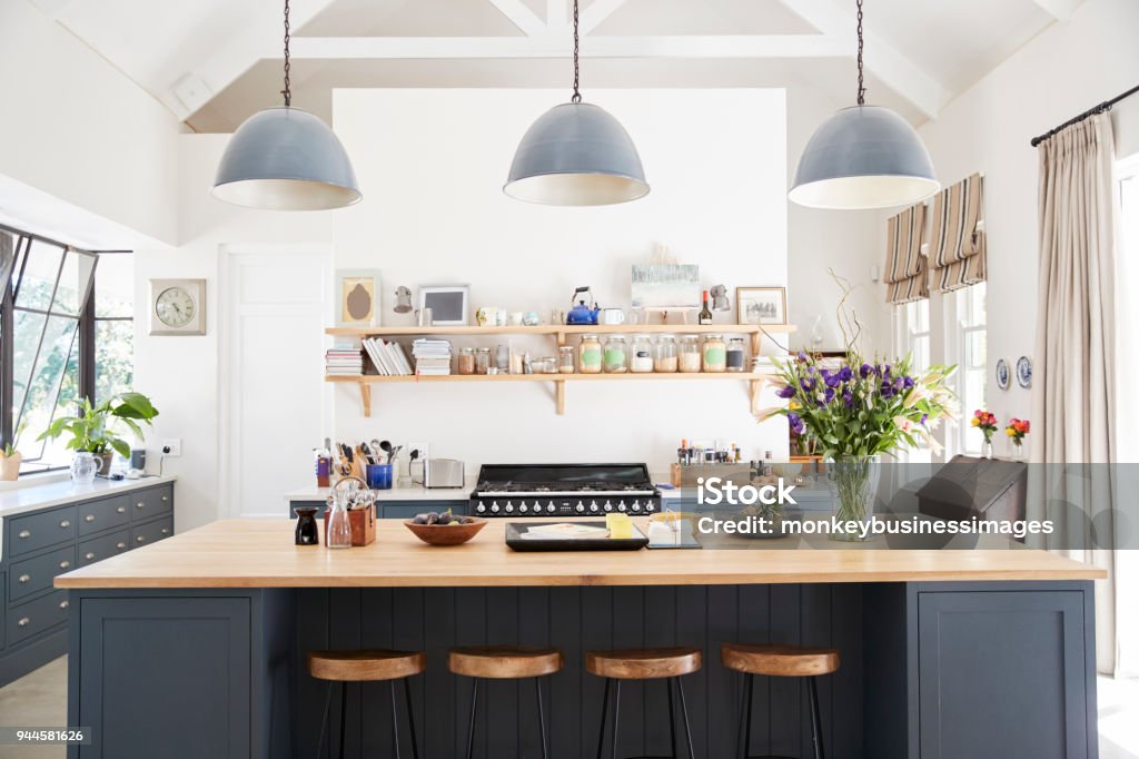Large family kitchen in period conversion house, straight on Kitchen Stock Photo