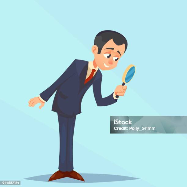 Happy Businessman Looking Through Magnifying Glass Focusing Great For Presentation Vector Illustration Cartoon Eps10 Stock Illustration - Download Image Now