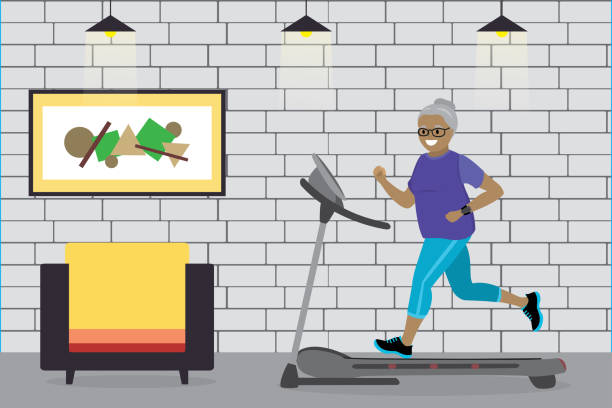 Cartoon african american grandmother running on a treadmill, Cartoon african american grandmother running on a treadmill,fitness club or gym,vector illustration cartoon of the older people exercising gym stock illustrations