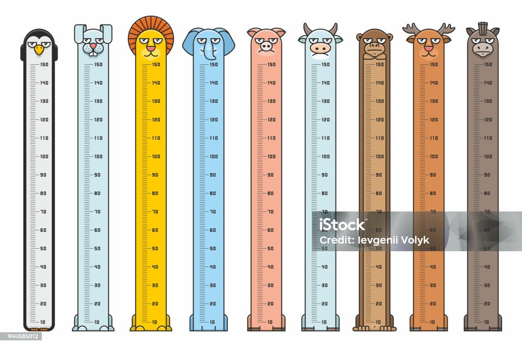 Height charts. Animals Stickers Meter wall or height meter from 10 to 150 centimeter High Up stock vector
