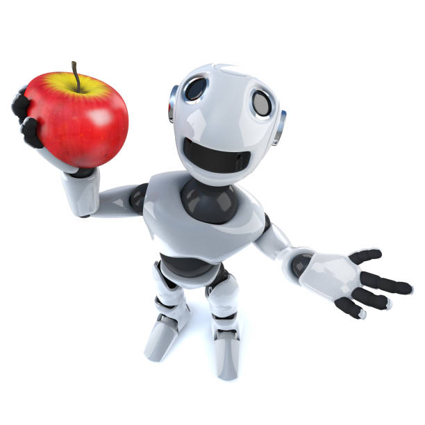 istock 3d Funny cartoon robot android holding a juicy red apple 944587896