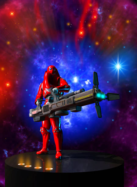 istock futuristic warrior with red armored suit, armed with a heavy plasma rifle, 3d illustration 944589106
