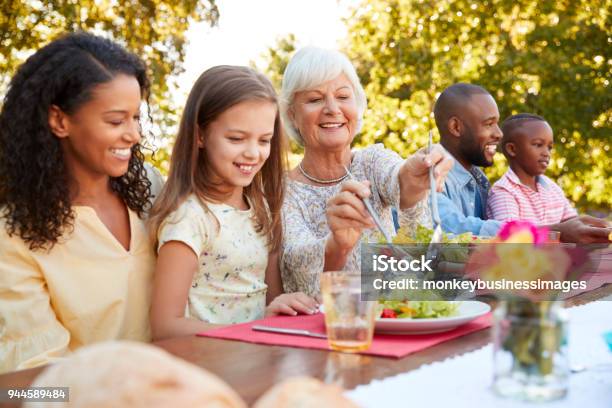 Familie Und Freunden Zu Mittag An Einem Tisch Im Garten Stockfoto und mehr Bilder von Familie mit mehreren Generationen