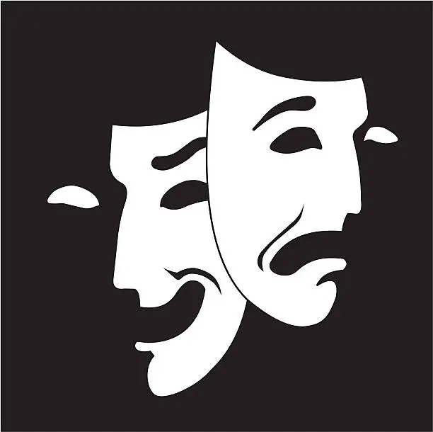 Vector illustration of Comedy and tragedy theater mask white on black background