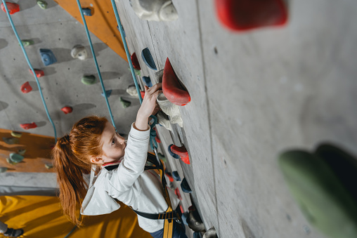 High angle shot of little girl in a harness climbing a wall with grips at gym