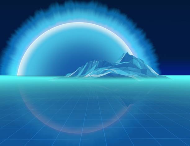 istock Abstract low poly geometric landscape with tiled blue floor, mountain and big sun 3d render. 944605472