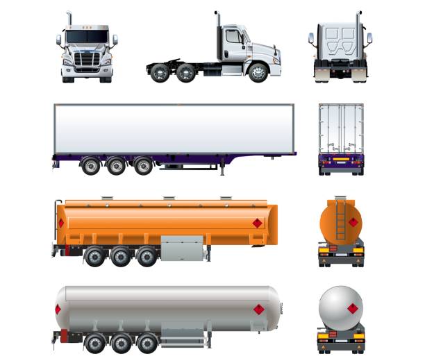 vektor realistische halb lkw-mock-up set isoliert auf weiss - truck semi truck vehicle trailer rear view stock-grafiken, -clipart, -cartoons und -symbole