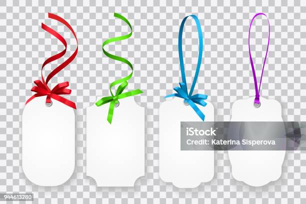 Vector Set Of Blank Gift Cards Or Coupons With Colorful Strings With Ribbons Isolated On Transparent Background Stock Illustration - Download Image Now