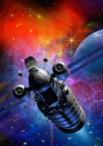 istock cargo spaceship travels through a nebula, near a blue planet 944615248