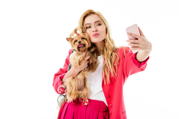 junges mädchen rosa anzug hält süße yorkshire-terrier und nehmen selfie isoliert auf weiss - ethnic small fashion model one person stock-fotos und bilder