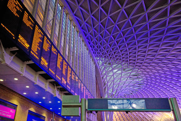Kings Cross concourse with Departure and arrival boards on the left and the Underground sign on the right.