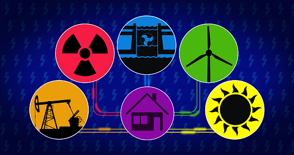 Electricity production and energy consumption concept. Symbols of energy source with icon of solar, wind, hydroelectric, nuclear and fossil fuels technology. Home.