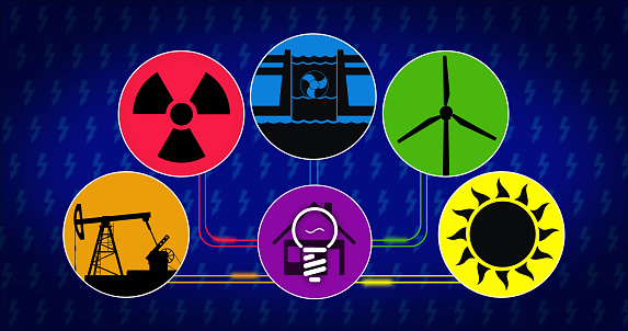 Electricity production and energy consumption concept. Symbols of energy source with icon of solar, wind, hydroelectric, nuclear and fossil fuels technology. Bulb.
