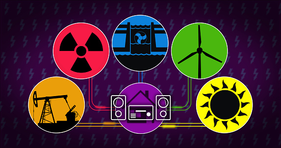 Electricity production and energy consumption concept. Symbols of energy source with icon of solar, wind, hydroelectric, nuclear and fossil fuels technology. Stereo system.