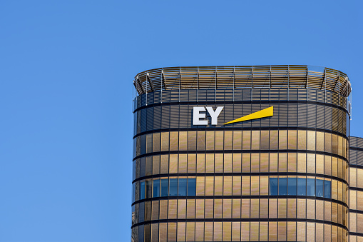 Sydney, Australia - April 07, 2018: Detail view of the new EY (Ernst &Young) Australia headquarter building at 200 George Street. EY is a global services company, 1 of the 
