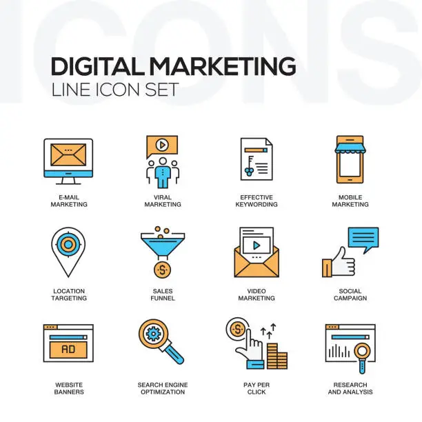 Vector illustration of Digital Marketing Flat Line Icons Set