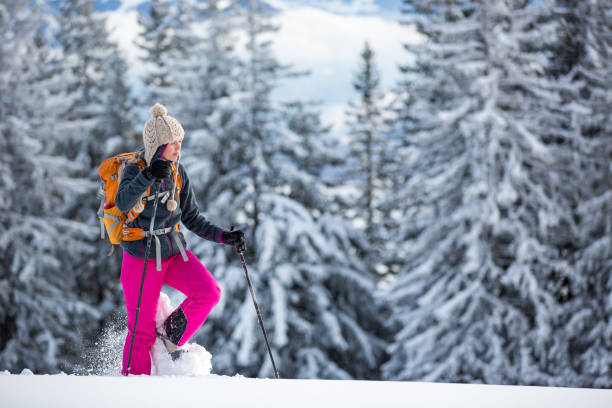 ładna, młoda kobieta węosnie w wysokich górach - snowshoeing snowshoe women shoe zdjęcia i obrazy z banku zdjęć