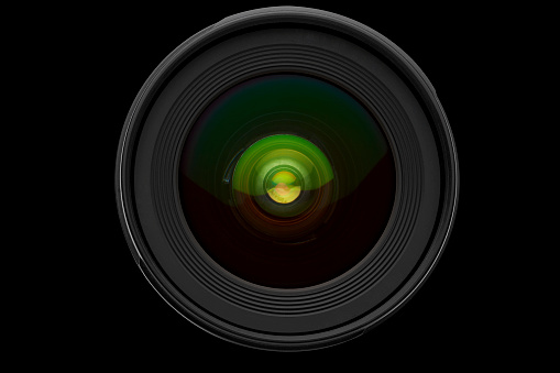 Modern black digital SLR camera set on white background