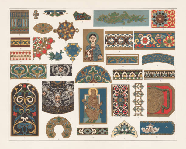 Enamel painting, lithograph, published in 1897 Enamel painting: 1 - 3) Egyptian (Roman Empire); 4) Greek (4th century BC); 5) Franconian (8th century); 6) Celtic buckle; 7 - 11) Indian; 12) Chinese, 13 - 14) Japanese; 15 - 16) Byzantine; 17 - 21) medieval (20 - from the shrine of Charlemagne in Aachen, 21 - 13th century); 22 - 23) Border of tableware (French renaissance); 24 - 25) Limoges (French, 16th century); 26 - 28) German Renaissance; 29) Necklace (French, 17th century); 30 - 31) Russian, 18th century (30 - Glory of an Icon); 32 - 33) Tin box (French, 18th century). Lithograph, published in 1897. byzantine pattern stock illustrations